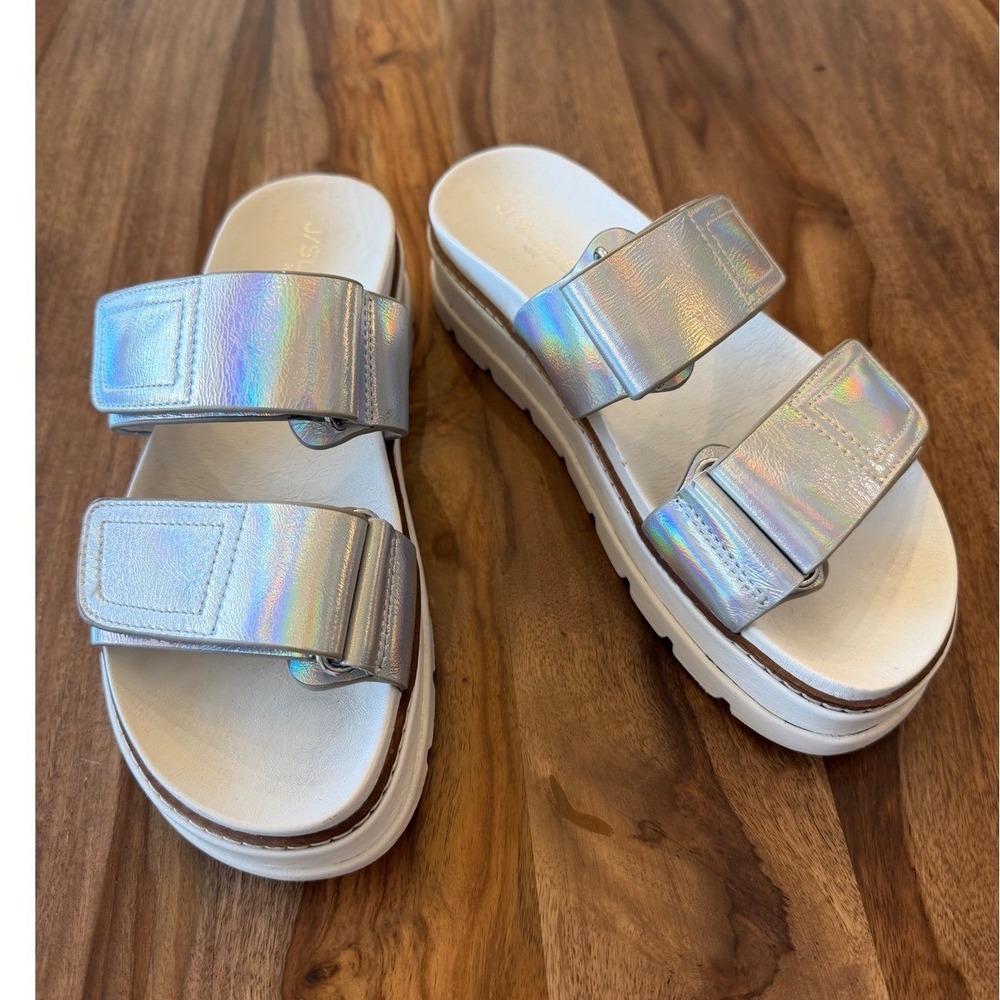 J/Slides NYC Holographic Silver Platform Slide Sandals Womens 6.5 Flatform